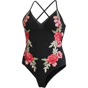 SEEK the Label Floral Embroidered‎ Bodysuit Black Strappy Back Festival Boho M